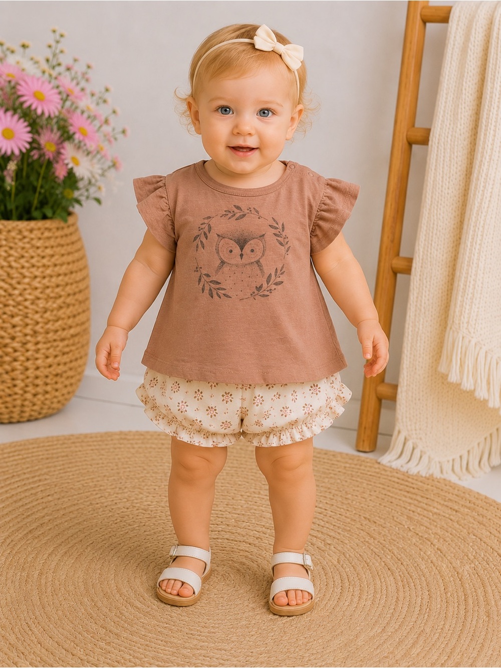 Rylee + Cru Owl Graphic Flutter Sleeve Tee Blush Pink | Size 12–18 Months